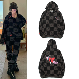 欧美高街MattyBoy纽约展会限定棋盘格爱心千眼涂鸦连帽卫衣男女潮