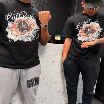 美式高街复古街头drill风syna联名central金表印花短袖T恤男女夏