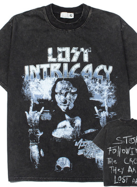 美式街头Lost intricacy恶搞蒙娜丽莎复古做旧宽松休闲短袖T恤潮