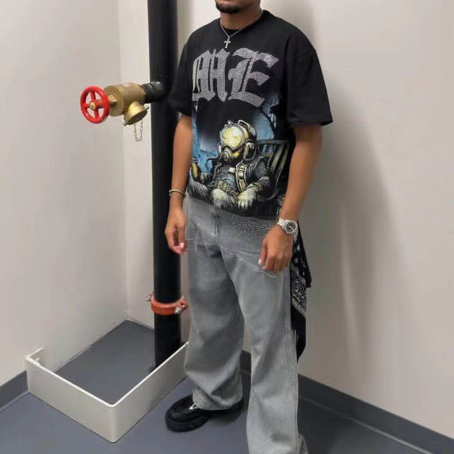 MIXED EMOTION美式高街嘻哈街头面罩人洗水做旧休闲情侣短袖T恤潮