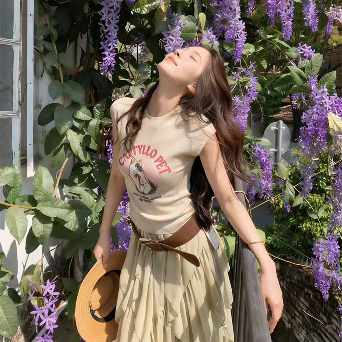 甜美减龄多巴胺猫咪提花短袖女针织衫春夏新款时尚小飞袖薄款上衣 - 实物图