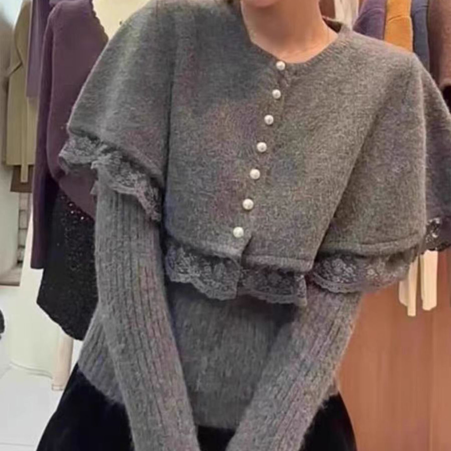 法式甜美蕾丝花边拼接斗篷披肩