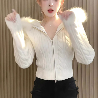 麻花外套毛毛领连帽拉链针织开衫