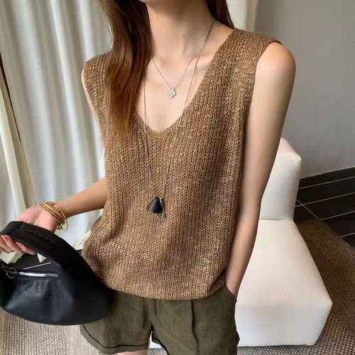 高级感v领亚麻无袖吊带背心女潮