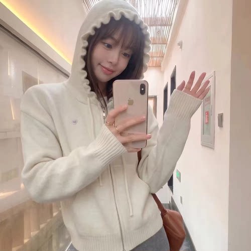 韩系温柔风木耳边连帽针织开衫女