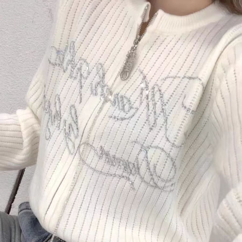 韩系设计感重工烫钻字母拉链开衫