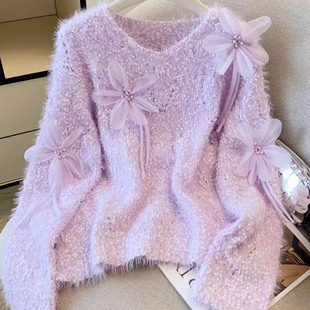 法式设计感别致绝美立体花朵针织衫秋冬新款甜美软糯减龄保暖上衣