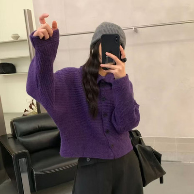 慵懒风小个子高领单排扣针织开衫