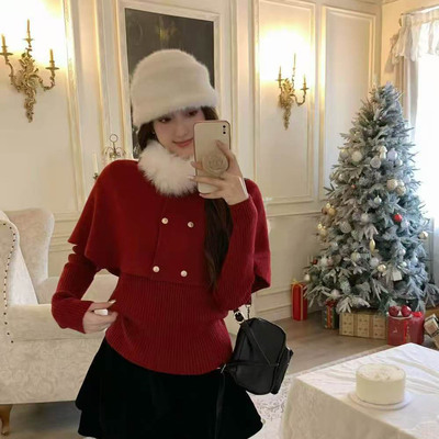 冬新年圣诞氛围感可拆卸毛领斗篷