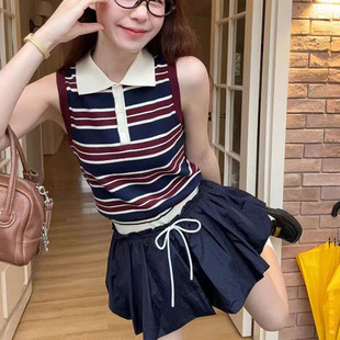 气质上衣 复古甜妹POLO领条纹背心女夏季 撞色无袖 针织体恤衫 女新款