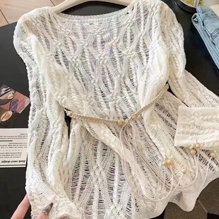 韩系配腰带镂空上衣钩花长袖针织外搭女春夏新款显瘦防晒薄款罩衫
