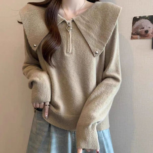 韩系半拉链海军领针织衫女早秋冬新款慵懒风时尚宽松显瘦上衣毛衣
