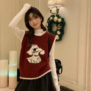 2026年早春叠穿减龄小狗提花针织马甲女甜美可爱百搭显瘦背心上衣