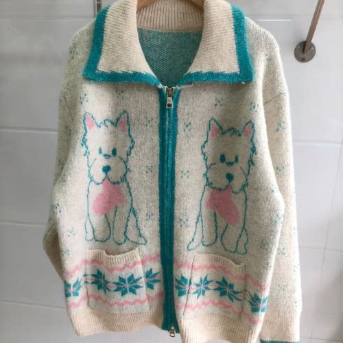法式甜美风翻领小狗提花口袋开衫