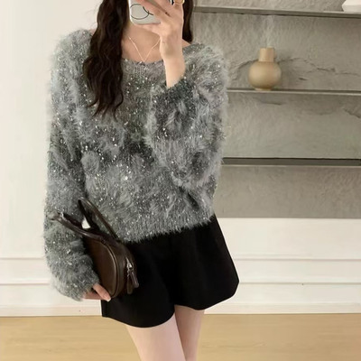 韩系复古渐变细闪毛绒绒套头毛衣