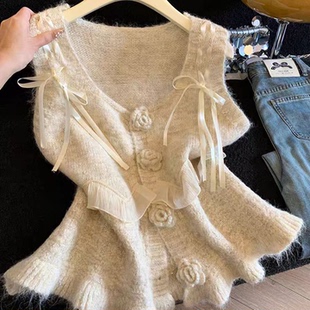 法式荷叶边立体花朵无袖马甲针织衫女春季叠穿外搭坎肩背心上衣