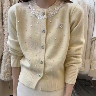法式小香风重工镶钻钉珠圆领针织开衫女秋冬新款软糯针织毛衣外套
