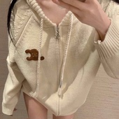 高品质凯旋门贴牌帽针织开衫 慵懒风休闲拉链连提花长袖 毛衣外套女