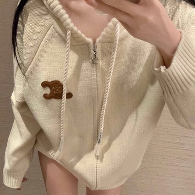 休闲贴皮毛衣外套针织开衫连帽