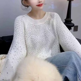 高级感软糯重工白色毛衣女秋冬新款洋气减龄烫钻针织内搭打底上衣