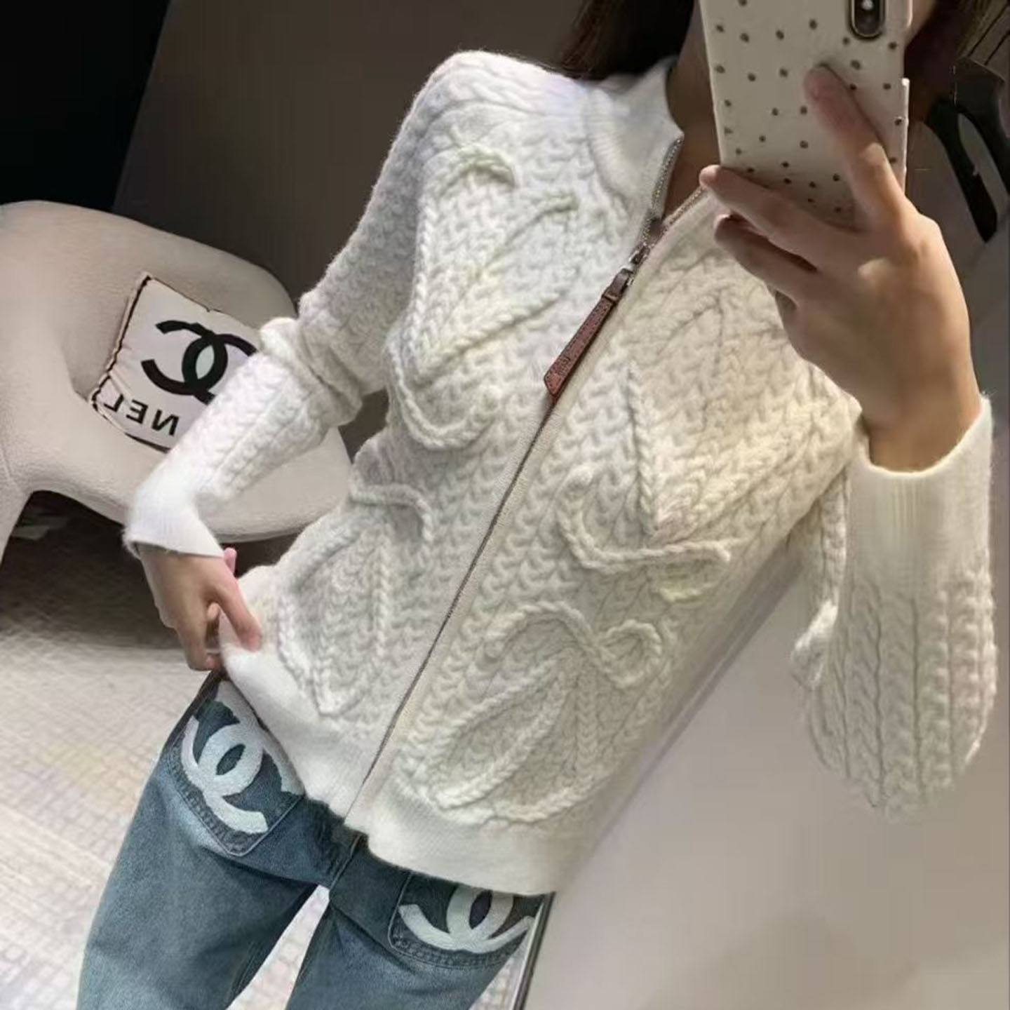 韩系重工编制麻花拉链针织开衫