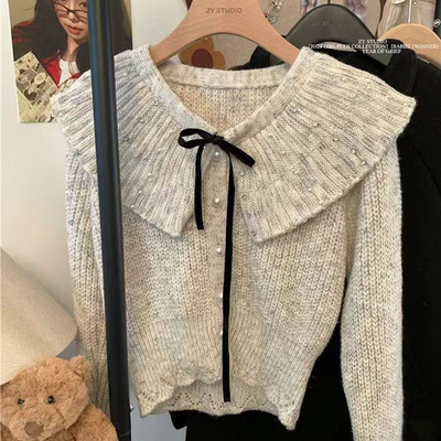 秋冬针织开衫蝴蝶结系带娃娃领