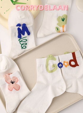 2-4双短筒袜女春夏薄款ins潮日系字母花朵白色袜子男学生情侣jk袜