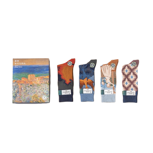 4双礼盒装莫奈系列油画风ins潮长袜子女情侣法国小众中筒袜男春秋