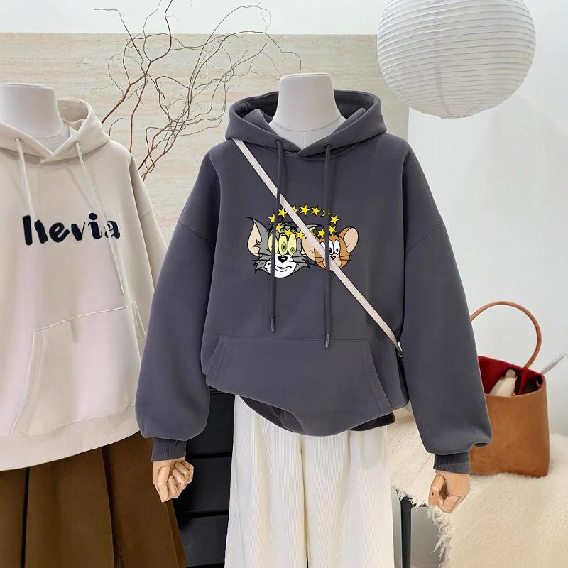 秋冬加绒长袖连帽套头卫衣女小众