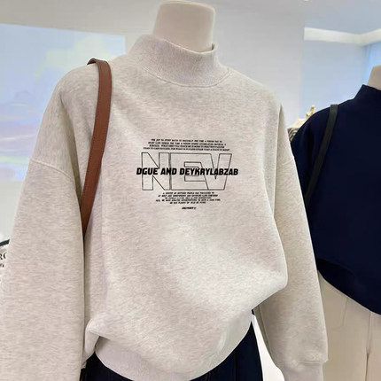 欧货潮流字母印花白灰色卫衣女2024秋冬季新款正肩加绒半高领长袖