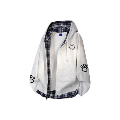 假两件格子拼接连帽外套卫衣加绒