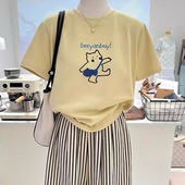韩系卡通宽松减龄显瘦短袖 纯棉刺绣小猫夏季 新款 T恤女圆领上衣tee