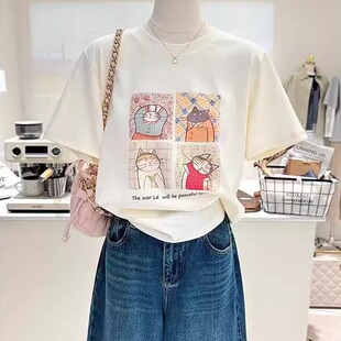 上衣tee 纯棉夏季 新款 韩系百搭卡通小猫印花宽松减龄短袖 T恤女半袖