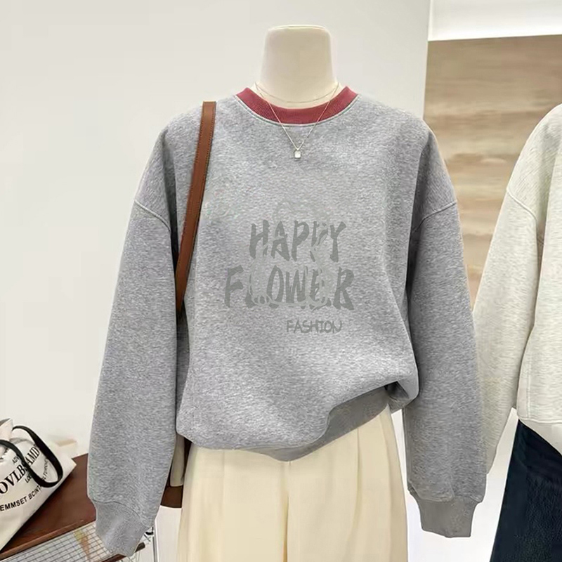 欧货浅灰色卫衣长袖正肩穿搭上衣