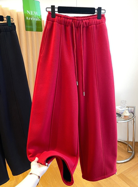 加厚加绒红色卫裤女2026新款冬季宽松休闲直筒裤束脚阔腿两穿裤子