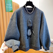 韩系灰色加绒卫衣女2025新款 秋冬宽松减龄套头圆领超好看保暖上衣