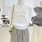 韩系气质小众精致宽松显瘦短袖 纯棉刺绣字母夏季 新款 T恤女上衣tee