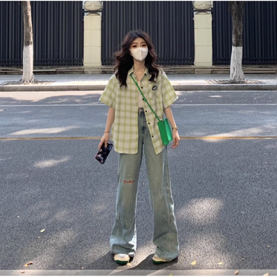 绿色格子衬衫短袖女别致开衫衬衣