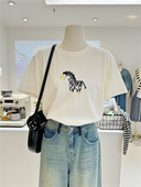 打底T恤女半袖 纯棉夏季 百搭简约卡通植绒刺绣斑马宽松显瘦短袖 tee