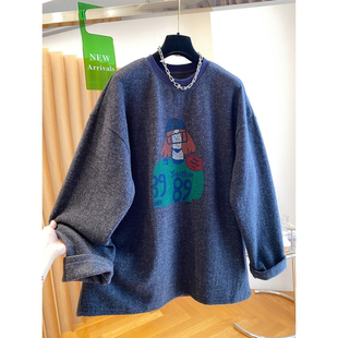 高级感独特漂亮拉绒磨毛t恤女长袖2025新款宽松软糯打底衫上衣冬