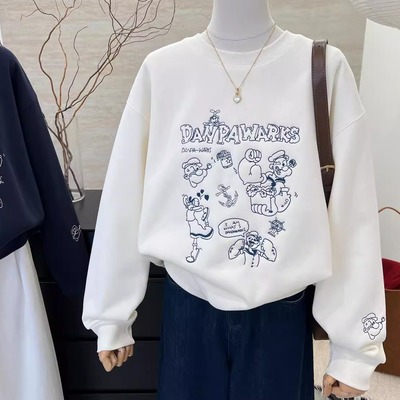 刺绣加绒加厚秋冬宽松圆领卫衣女