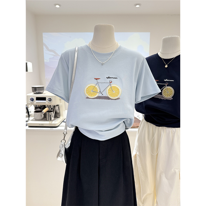 纯棉夏季新款韩系百搭自行车图案印花宽松显瘦短袖打底T恤女上衣