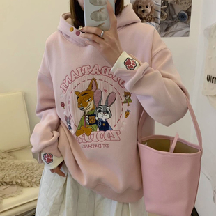 刺绣卡通双层袖口假两件连帽纽扣设计感秋冬季新款加绒加厚卫衣女
