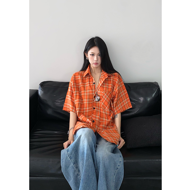 复古格纹衬衫短袖衬衣女百搭外套