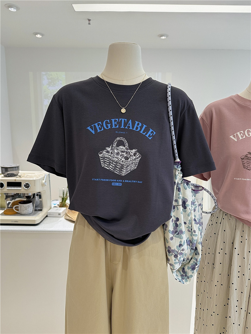 纯棉美式复古花篮印花夏季宽松显瘦气质小众短袖打底衫T恤女内搭
