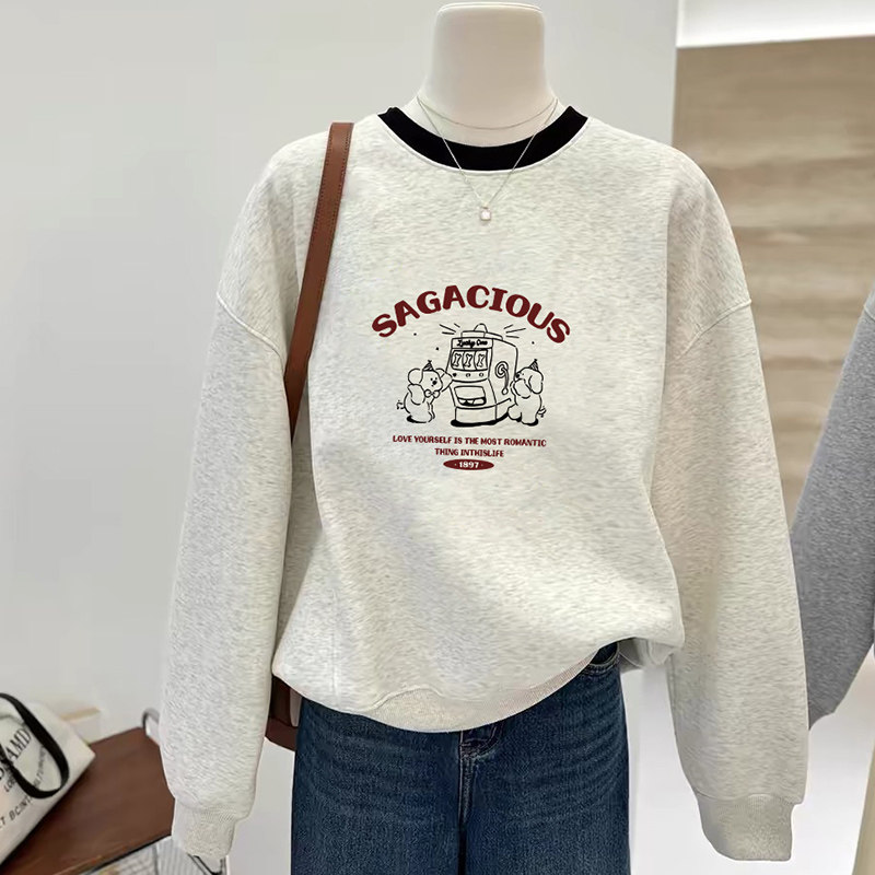 复古圆领无帽卫衣秋冬季女款港风文艺亲肤简约韩版外套高级感上衣