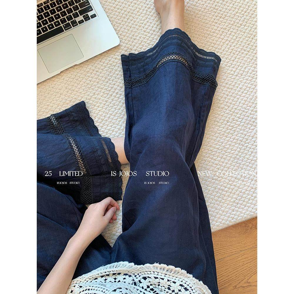 藏青色镂空花边拼接刺绣亚麻直筒裤休闲裤女秋季新款bf风阔腿裤子