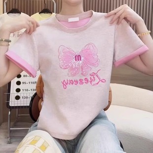 t恤女短袖 甜美蝴蝶结字母绣花上衣女士2025夏季 显瘦短款 新款 修身