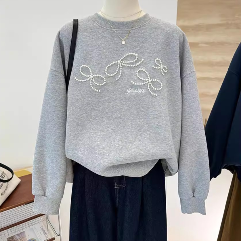 钉珠刺绣秋季长袖上衣女套头卫衣