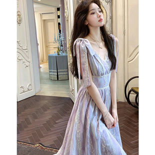 紫色长款v领刺绣蝴蝶结连衣裙女夏季法式复古裙子